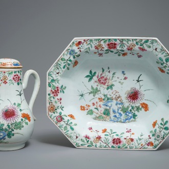 A Chinese famille rose ewer and basin with floral design, Qianlong