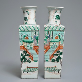 A pair of square Chinese famille verte vases, 19th C.