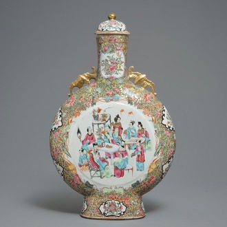 A large Chinese Canton famille rose moonflask and cover, 19th C.