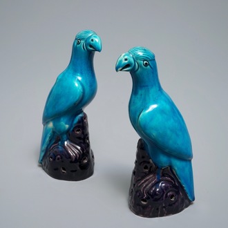 Deux modèles de perroquets en porcelaine de Chine turquoise et aubergine, 19ème