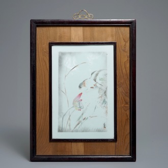 20世纪 浅绛彩木框方瓷板