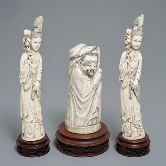 Three Chinese carved ivory figures of ladies and of an immortal, 2nd half 19th C.