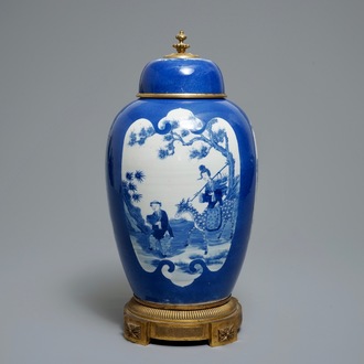 A Chinese gilt bronze-mounted powder blue jar and cover, 19th C.