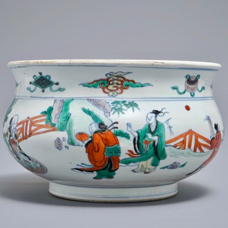 A Chinese doucai censer with figures in a landscape, Chenghua mark, Kangxi