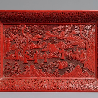 Un présentoir rectangulaire en laque rouge à décor de figures dans un paysage, Chine, 18/19ème