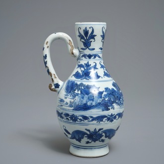 A Chinese blue and white landscape jug, Transitional period