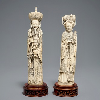 A pair of Chinese carved ivory figures of the emperor couple, 2nd half 19th C.