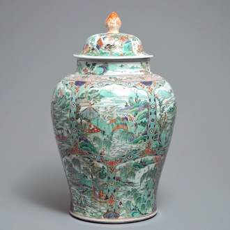 A large Chinese famille verte vase and cover with figures in fluvial landscapes, Kangxi