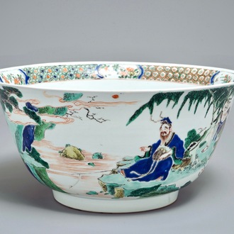 A large Chinese famille verte bowl with figures in a landscape, Kangxi