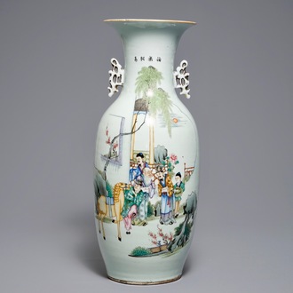 A Chinese famille rose vase with figures in a garden, 19/20th C.