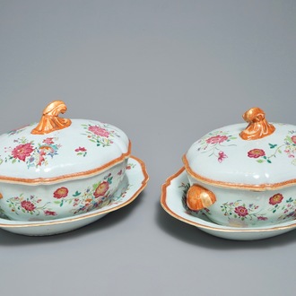 A pair of Chinese famille rose covered tureens on stands, Qianlong