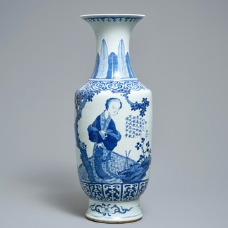 A large Chinese blue and white vase with a lady and calligraphy, 19th C.