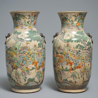 A pair of Chinese Nanking famille verte crackle-glazed vases, 19th C.