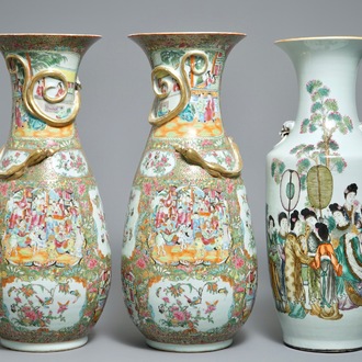 A pair of large Chinese Canton rose medallion vases and a fencai vase with ladies, 19/20th C.