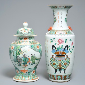 Two Chinese famille rose and verte vases, 19/20th C.