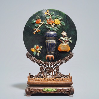 A Chinese spinach jade and hardstone inlaid screen on wooden stand, 20th C.