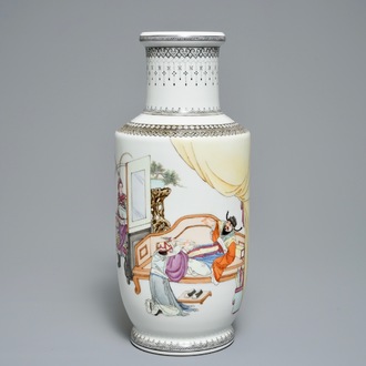A fine Chinese famille rose rouleau vase with figures, Qianlong mark, Republic 20th C.