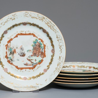 Six assiettes en porcelaine de Chine de style Meissen à décor de scènes de port, Qianlong