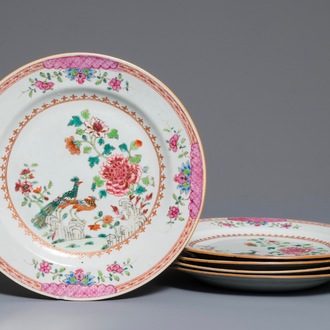 Five Chinese famille rose 'double peacock' plates, Qianlong