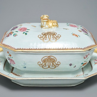 A Chinese monogrammed famille rose tureen and cover on stand, Qianlong