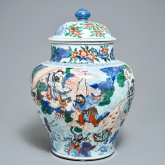 A large Chinese wucai vase and cover with fine mythological design, Transitional period