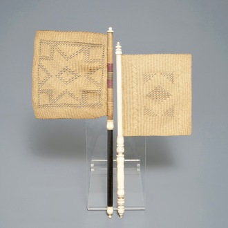 Two Chinese fans with bamboo fibre, ivory, bone and ebonized wood, 19th C.