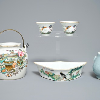 Two Chinese famille rose cups, a qianjiang cai teapot and dish and a miniature hu vase, 19/20th C.