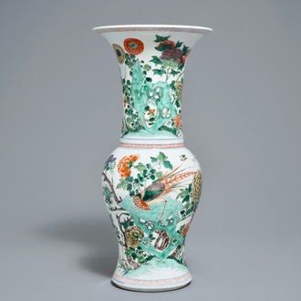 A Chinese famille verte yenyen vase with birds and flowers, Kangxi