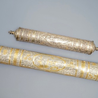 Two tubular parcel-gilt silver incense containers, Tibet or Nepal, 19th C.