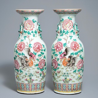 A pair of Chinese famille rose vases with birds among flowers, 19th C.