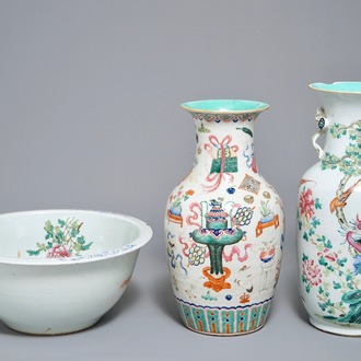 Two Chinese famille rose vases and a large deep bowl, 19th C.