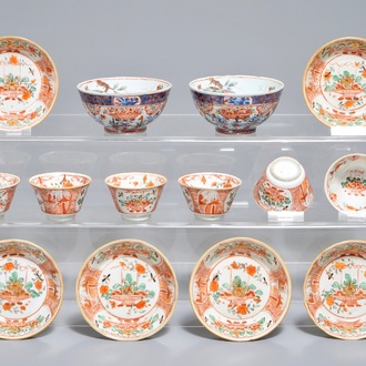 Six tasses et soucoupes et deux bols en porcelaine de Chine de type Amsterdams bont, Kangxi/Qianlong