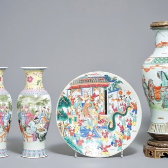 19-20世纪 粉彩五彩瓷瓶三件 百子瓷盘一件
