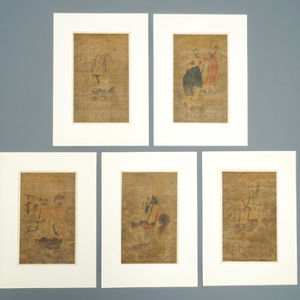 Five Chinese silk painting after Wu Daozi, 18/19th C.