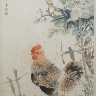 Yan Bolong (1898 -1954), Un coq dans un jardin fleuri, aquarelle sur papier