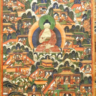 Een thangka met scènes uit het leven van Boeddha, Tibet of Mongolië, 18/19e eeuw