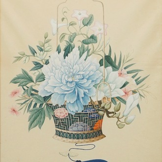 A Chinese watercolour of a flower basket, Canton, 2nd half 19th C.