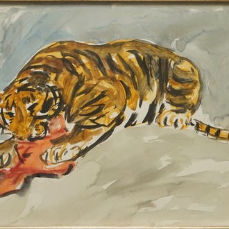 Sadji (Sha Qi, Sha Yinnian) (1914-2005), Een etende tijger, aquarel op papier