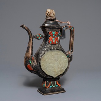 A silver-plated coral, jade and turquoise inlaid ewer and cover, Tibet or Mongolia, 19/20th C.