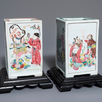 Two Chinese famille rose square brush pots with immortals, Yongzheng