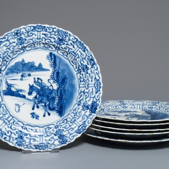 Six Chinese blue and white dishes with a Mongolian hunting scene, Chenghua mark, Kangxi