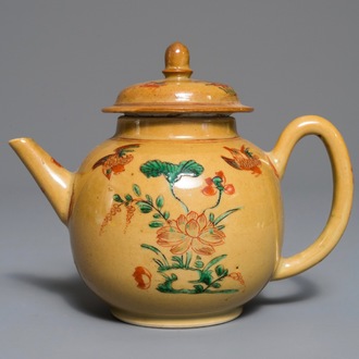 A Chinese famille verte cafe-au-lait-ground teapot, Kangxi