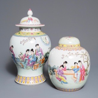 Un vase et un pot couvert en porcelaine de Chine famille rose, marques de Qianlong, République, 20ème