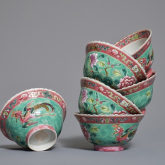 Six Chinese Straits or Peranakan famille rose bowls with phoenixes and peonies, 19th C.