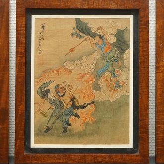 Five Chinese paintings on textile, 19/20th C.