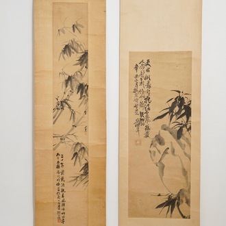 Two Chinese paper scroll paintings of bamboo branches, 19th C.