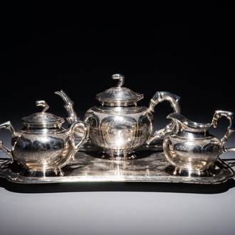 A Chinese silver-plated tea service on tray, Republic, 1st half 20th C.