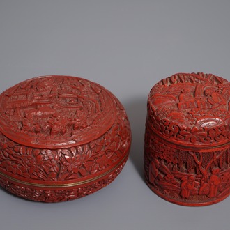 Un bol et un pot cylindrique et leurs couvercles en laque rouge, un marqué Qianlong, Chine, 19/20ème