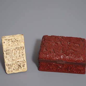 Un étui à cartes en ivoire sculpté et une boîte couverte en laque rouge, marque de Qianlong, Chine, 19ème