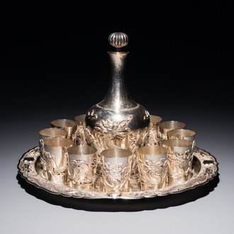 A Chinese silver liquor set on tray with applied dragon design, 19/20th C.